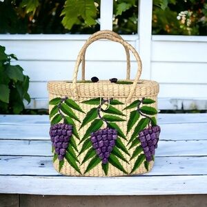 VINTAGE Handmade Extra Large Grapes Embellished Straw Bag